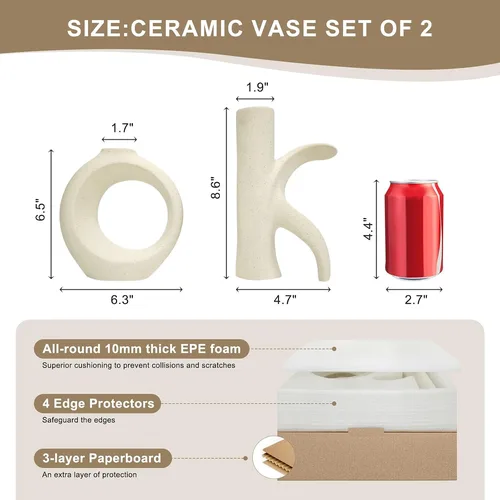 EcoCharm Home Set de 2 Jarrones de Cerámica «OK», Beige Blanco — foto 3