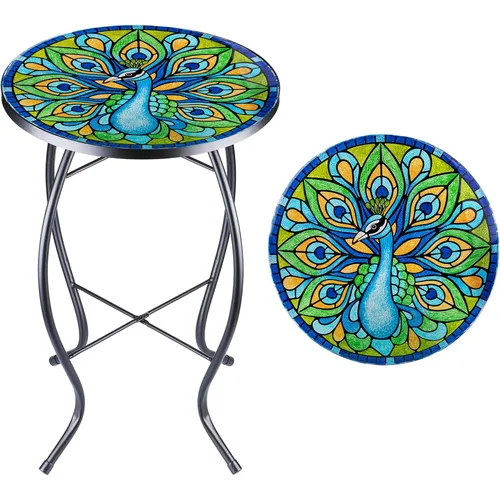 VCUTEKA Mesa Auxiliar de Vidrio Pintado con Pavo Real, 14"