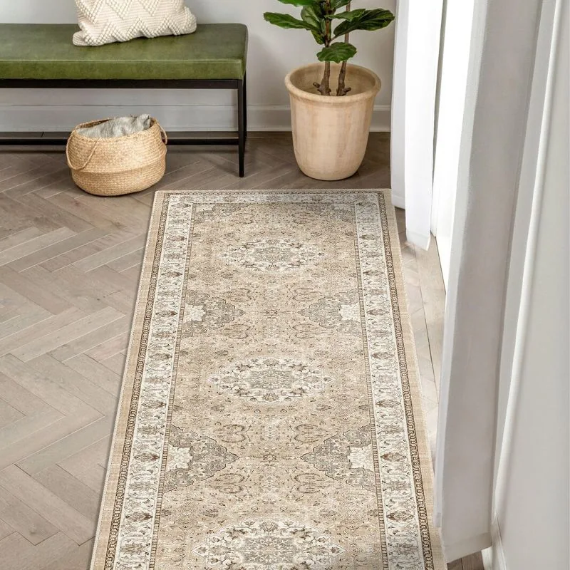 Alfombra de Pasillo Lavable 2x8 ft Floral, Beige — foto 3