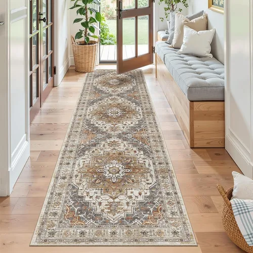 Madane Alfombra de Pasillo Vintage Lavable 2x8 ft, Cúrcuma/Gris — foto 3